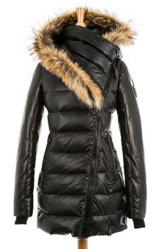 Luxury Fitted Quilted Outerwear, Modern Fitted Nylon Outerwear, Luxury Fitted Down Outerwear, Luxury Fitted Down Puffer Jacket, Fitted Luxury Down Puffer Jacket, Luxury Fitted Puffer Outerwear, Fitted Elegant Puffer Outerwear, Designer Quilted Fitted Outerwear, Fitted Designer Puffer Jacket With Padded Collar