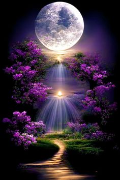 the full moon is shining brightly in the sky above trees and bushes with purple flowers