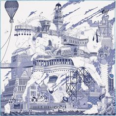 a blue and white drawing of a castle with hot air balloons in the sky above it