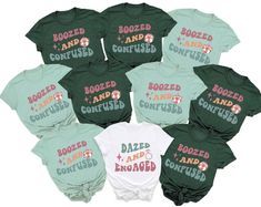 six shirts with the words boozed and confused printed on them, all in different colors