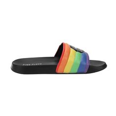 Dip your toes into the world of iconic rock with these women's black Pink Floyd slide sandals, featuring the legendary triangle prism artwork on vibrant rainbow quilted straps. Designed for women's shoe sizes 8.5-14, these officially licensed sandals offer a comfortable fit with their EVA and PVC materials and EVA outsole. Hand wash only to maintain their high-quality design. Elevate your style with these custom-designed sandals, celebrating the timeless legacy of Pink Floyd. Triangle Artwork, Pink Floyd Dark Side, Iconic Artwork, Rainbow Quilt, Black Slides, Dark Side Of The Moon, Open Toe Shoes, Round Toe Heels, Pink Floyd