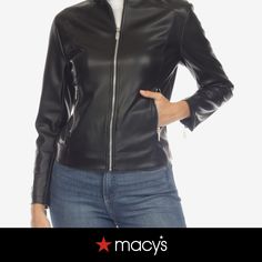 in stock Sleek Faux Leather Jacket For Winter, Sleek Faux Leather Winter Jacket, Fitted Black Faux Leather Jacket, Fitted Faux Leather Moto Jacket, Fitted Faux Leather Moto Outerwear, Fitted Moto Outerwear In Faux Leather, Black Faux Leather Biker Jacket, Sleek Long Sleeve Faux Leather Biker Jacket, Fitted Faux Leather Biker Jacket With Zip Detail