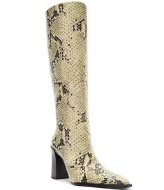 Schutz Raffaela Up Snake Print Leather Tall Boots | Dillard's Snake Leather, Olympia Le Tan, Tall Leather Boots, Pointed Toe Boots, Chunky Block Heels, Leather Boot, Snakeskin Print, Pump Sandals, Sweaters Oversized