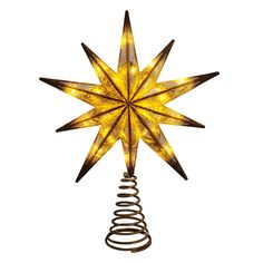 a lighted christmas tree topper with spirals and lights in the shape of a star