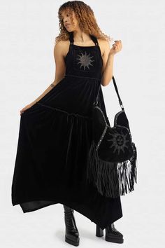 Ascended Maxi Pinafore Dress | Killstar Witchy Dresses, Sun Embroidery, Strega Fashion, Suede Tassel, Dresses Xxl, Super Cute Dresses, Pinafore Dress, Rising Sun, Soft Velvet