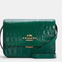 Coach Brynn Flap Jade Crossbody Color: Bright Jade/Gold Crocodile Embossed Leather And Smooth Leather New With Tags Inside And Outside Zip Pockets Buckle Closure Fabric Lining Adjustable 21.5" Drop Strap For Crossbody Or Shoulder Wear 9.75" L, 7" H, 3.25" W White Crossbody Bag, Coach Satchel, Coach Crossbody Purse, Leather Clutch Wallet, Bags Coach, Black Hot Pink, Leather Handbags Crossbody, Coach Crossbody Bag, Mini Crossbody Bag