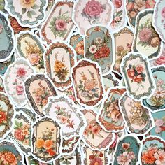 an assortment of stickers with flowers and frames on them, all in pastel colors