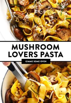 mushroom lovers pasta in a white bowl with the title above it, mushrooms lover pasta