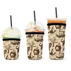 three cups with different types of drinks in them