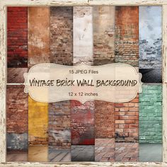 an old brick wall background is shown in various colors and sizes, with the words vintage brick