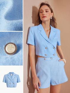 Blue Casual,Elegant Collar Short Sleeve Linen Plain Regular Embellished Non-Stretch Spring/Summer Women Clothing Cropped Blazer Outfit, Woman's Suit, Women's Suiting, Crop Blazer, Tailored Shorts, Cropped Blazer, Blazer Outfits, Short Suit