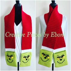 crocheted scarf with grin face on the front and green eyes on the back