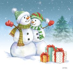 Snowman Family V Poster Print - Leslie Trimbach-VARPDX85257 Image 1 Snowman Family Paintings, Snowman Clipart, Snowman Family, Winter Illustration, Snowman Painting, Family Of Four, Unique Greeting Cards, Winter Magic, Christmas Scenes