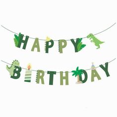 a happy birthday banner with dinosaurs and candles on the bunting, against a white background