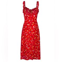 Time To Bring The Heat In This Hot Little Number!! Silky Floral Print Dress That Buttons Up The Entire Front. Cute Ruffle Spaghetti Straps With Stitching Under The Bust. Note: Runs Extremely Small. 89% Nylon, 11% Elastane. Wash With Similar Colors. Imported. Red Sundress For Spring Party, Red Party Sundress For Spring, Flirty Red Sundress For Spring, Red Floral Print Sundress For Party, Red Midi Sundress For Garden Party, Red Ruffled Sundress For Brunch, Red Ruffled Midi Dress For Summer, Red Sundress For Spring Garden Party, Red Floral Sundress With Spaghetti Straps