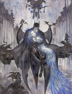 an image of a batman and batwoman in the rain with bats flying above them