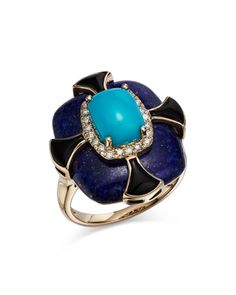 Bloomingdale's Turquoise, Onyx, Lapis Lazuli & Diamond Statement Ring in 14K Yellow Gold - 100% Exclusive Lapis Lazuli Diamond Ring, Timeless Blue Multi-stone Jewelry, Statement Rings Diamond, Lapis Lazuli Jewelry, Jewels Rings, Exclusive Jewelry, Womens Jewelry Rings, Statement Ring, Crystal Jewelry