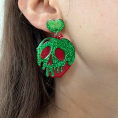 These Are The Cutest Halloween Or Snow White Cosplay Acrylic Earrings! Glitter Green Details. High Quality And I Ship Next Day Any Questions Please Let Me Know. Tags: Y2k 80s 90s 70s Laser Cut Lucite Acrylic Vacation Luxury Cosplay Disney Snow White Villains Witch Rave Jewelry For Halloween Party, Green Halloween Party Jewelry, Green Halloween Party Earrings, Halloween Party Heart-shaped Earrings, Heart-shaped Halloween Party Earrings, Snow White Poison Apple, Snow White Cosplay, Cosplay Disney, Vacation Luxury