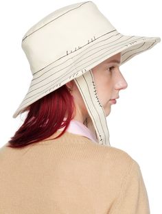 Marni: Off-White Bio Denim Bucket Hat | SSENSE Fitted Cream Cotton Hats, White Cotton Bucket Hat For Spring, Cream Cotton Hat For Spring, Spring White Cotton Bucket Hat, Fitted Bucket Hat With Curved Brim For Spring, Spring Fitted Bucket Hat With Curved Brim, Denim Bucket Hat, Logo Embroidered, Cotton Poplin