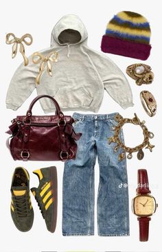 Trending Bags, Chunky Gold Jewelry, Striped Beanie, Fendi Bag, Outfit Collage, Autumn Fits, Fall Fit, Adidas Spezial, Bold Accessories