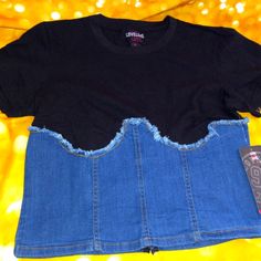 Black & Denim Corset Top. Short Sleeves And Comfy With Your Favorite Bottoms. No Low-Ball Offers Accepted As They Will Be Automatically Declined. Thank You. Black Denim Short Sleeve Tops, Casual Black Denim Top, Trendy Black Cotton Denim Top, Denim Blue Cotton Tops For Night Out, Trendy Black Denim Top, Summer Black Denim Top, Trendy Medium Wash Top For Night Out, Fitted Black Denim Top Casual Style, Fitted Black Casual Denim Top