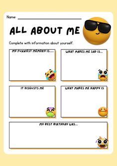 an all about me worksheet with emojns and other emoticions