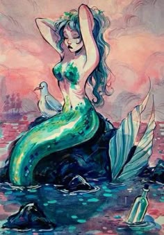 a painting of a mermaid sitting on top of a rock with a bottle in the water