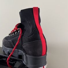 Iri Black Leather Nubuck Platform Red Lace Up Boots Women Size 38 New Condition!! Made In Italy Winter Black Boots With Red Sole, Black Boots With Red Sole For Streetwear, Red Sole Lace-up Boots For Streetwear, Black Ankle-high Boots With Red Sole, Black Boots With Red Sole For Fall, Black Lace-up Boots With Red Sole, Casual Black Boots With Red Sole, Winter Lace-up Sneakers With Red Sole, Naturalizer Boots