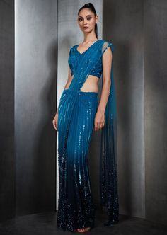 Ombre hand-crafted sari has stripe embroidery. Perfect for a sangeet/reception. Stripe Embroidery, Rahul Khanna, Turquoise Ombre, Draped Saree, Saree Designer, Sequins Fabric, Saree For Women, Drape Saree, Blue Tulle