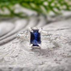 Blue Sapphire ring in Solid Sterling Silver - Moondrop Creations Silver Sapphire Ring, Gemstone Rings Unique, Unique Gifts For Girlfriend, Blue Gemstone Ring, Blue Sapphire Engagement Ring, September Birthstone Rings, Blue Gemstone Rings, Nature Inspired Rings, Blue Sapphire Ring