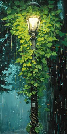 a painting of a lamp post in the rain with green leaves growing on it's sides