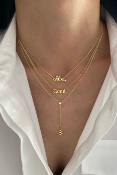 Customize this classic gothic name necklace with the name or word of your choice. 14K Yellow, White or Rose Gold Dainty curb chain - 1mm thickness Letter measurement ranges from 5mm - 8mm depending on the letter Length: Based on number of letters - up to 10 allowed FINAL SALE Cheap Nameplate Necklace, Luxury Engraved Name Necklace In Fine Jewelry Style, Luxury Personalized Anniversary Custom Necklace, Name Chain Aesthetic, Luxury Yellow Gold Name Necklace For Anniversary, Cheap Personalized Charm Necklace For Birthday, Layered Name Necklaces Gold, Chains With Names Gold, Custom Gold Necklace Name