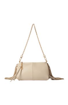 The signature Miss M bag is now available in a chic and practical clutch version. Made from leather, it has a detachable chain handle for carrying over the shoulder or in the hand, and is embellished with Maje's signature fringes on the sides. A leather pull tab accentuated with a clover tassel opens the zipped fastening so you can slip in all your essentials. Fringed leather clutch bag Removable chain for carrying over the shoulder Zip fastening Fringes Dimensions: 22 x 11 x 5 cm The model is 5 Cream Crossbody Clutch For Evening, Evening Cream Crossbody Clutch, Cream Pouch Clutch With Detachable Strap, Cream Crossbody Clutch With Removable Pouch, Beige Leather Clutch With Chain Strap, Beige Clutch With Gold-tone Hardware, Chic Cream Crossbody Clutch, Beige Pouch Clutch With Gold-tone Hardware, Chic Cream Clutch With Removable Pouch