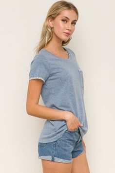 Denim Heather Tee with Picot edge detail 65% Cotton 35% Polyester Loose Fit Pocket Casual Cotton T-shirt With Lace Trim, Light Wash Soft-washed Cotton Tops, Casual Denim Blue Top For Layering, Crew Neck Top With Frayed Hem, Crew Neck Tops With Frayed Hem For Layering, Relaxed Fit Cotton T-shirt With Frayed Hem For Spring, Denim Blue Crew Neck Top With Relaxed Fit, Denim Blue Relaxed Fit Crew Neck Top, Spring Relaxed Fit T-shirt With Frayed Hem