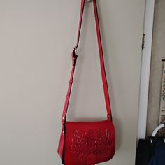 Beautiful Red Patricia Nash Handbag Tooled With Roses. Brand New. Red Flap Bag For Shopping, Red Crossbody Flap Bag For Shopping, Red Satchel Flap Bag For Shopping, Red Flap Shoulder Bag For Shopping, Red Shoulder Flap Bag For Shopping, Red Satchel Shoulder Bag With Adjustable Strap, Red Shoulder Bag With Adjustable Strap, Red Crossbody Flap Bag With Adjustable Strap, Red Satchel With Adjustable Strap Crossbody