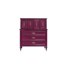 a purple dresser with gold handles and drawers on it's sides, against a white background