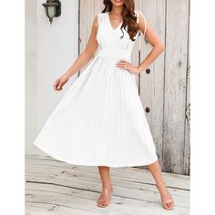 White V Neck Sleeveless Pleated Casual Dress Pleated Long Dress, Long Dress Summer, White Dress Party, Sleeveless Long Dress, Elegant Dresses Long, Long Summer Dresses, Women Plus Size, Evening Party Dress, Evening Dresses Long