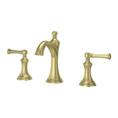 two handle bathroom faucet in gold with matching handles and sidesprad, shown from the front