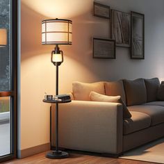 a living room scene with focus on the couch and floor lamp in front of the window