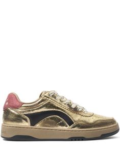 gold-tone leather smooth grain metallic finish panelled design logo patch at the tongue contrasting branded heel counter perforated toebox round toe front lace-up fastening branded insole flat leather sole Trendy Leather Sneakers With Gum Sole, Gold High-top Sneakers With Gum Sole, Trendy Metallic Lace-up Sneakers, Trendy Metallic High-top Sneakers, Metallic Round Toe Casual Sneakers, Gold Low-top Sneakers With Textured Sole, Casual Metallic Sneakers With Round Toe, Luxury Low-top Sneakers With Metallic Logo, Casual Metallic Sneakers With Perforated Toe Box