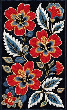 red and blue flowers with leaves on a black background, in the middle of an embroidered design