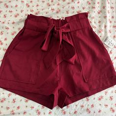 Brand New With Tag, No Flaws Red High Waist Shorts For Day Out, Trendy Red Shorts For Day Out, Chic Red Shorts For Day Out, Red Summer Shorts With Pockets, Chic Red High-waisted Shorts, Casual Burgundy Shorts, Red Summer Bottoms With Pockets, Red Cotton Shorts For Day Out, Chic High Waist Red Shorts