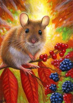 a painting of a mouse on a branch with berries