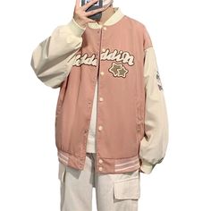 Baseball Bomber Jacket Female Men Zip Up Jacket Women Clothing Harajuku Plus Size Streetwear Outerwear Japanese Retro Outerwear With Stand Collar For Streetwear, Hip Hop Long Sleeve Track Jacket For Fall, Pink Varsity Long Sleeve Outerwear, Pink Long Sleeve Varsity Jacket For Winter, Pink Winter Varsity Jacket, Pink Long Sleeve Varsity Outerwear, Pink Long Sleeve Outerwear With Letter Print, Hip Hop Outerwear With Letter Print For Outdoor, Pink Letter Print Winter Outerwear