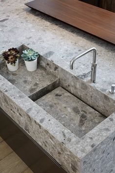 a sink with two plants in it on the counter next to a mirror and table