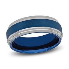 men's wedding band with blue ceramic and silver inlay, 8mm width