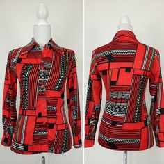 "Vintage 1970s  Red, black and white shirt in a fantastic geometric print.  Made by Walco International. Fitted style, long pointy collar. Material is stretchy polyester. Tag says size 12, best fit for a small size. Measurements lying flat and doubled: Bust: 36\" Waist: 30\" Shoulders: 14 1/2\" seam to seam Length: 25\" Sleeves length: 22 1/2\" In very good vintage condition." Fitted Black Top With Geometric Pattern, Retro Collared Blouse With Graphic Print, Retro Fitted Printed Shirt, Fitted Retro Printed Shirt, Fitted Patterned Printed Shirt, Fitted Collared Shirt With Geometric Pattern, Fitted Geometric Pattern Tops For Work, Retro Red Printed Top, Fitted Multicolor Retro Print Tops