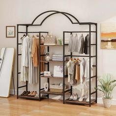 an open closet with clothes and shoes on shelves next to a potted plant in the corner