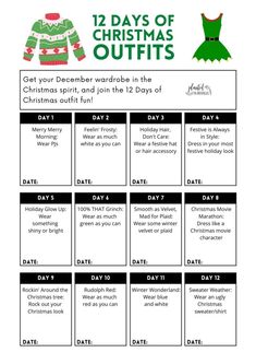 the 12 days of christmas outfits printable for kids to use on their own clothes