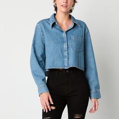 This Arizona women's and junior's denim button-down shirt brings a modern twist to a timeless piece. Made from a chambray cotton-blend for a regular-fit, it has a point collar, a chest slip pocket, and long cuffed sleeves. Wear it with distressed jeans and sneakers for a cool, laid-back look. Features: Accessory PocketClosure Type: ButtonFit: Regular FitNeckline: Collar NeckPockets: 1 Chest Slip PocketSleeve Length: Long SleeveSleeve Style: Cuffed SleeveApparel Length: 18.75 InchesFiber Content: Denim Button-up Tops With Pockets, Trendy Relaxed Fit Button-up Denim Top, Fall Denim Tops With Snap Buttons, Denim Blue Button-up Top, Denim Blue Button-up Top With Pockets, Dark Wash Button-up Tops With Pockets, Fall Denim Button-up Tops, Light Wash Relaxed Fit Top With Buttoned Pockets, Dark Wash Denim Tops With Buttons